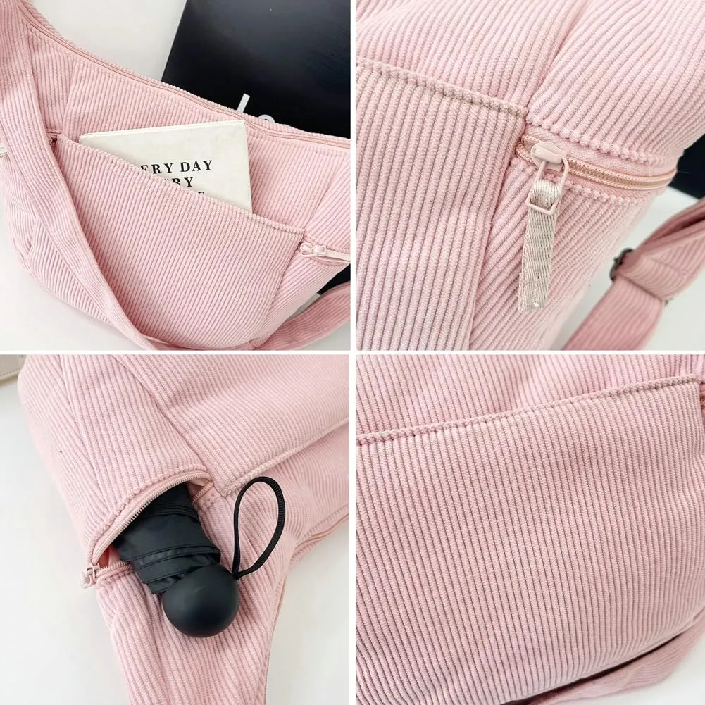 Corduroy Crossbody Bag for Women Lightweight Underarm Shoulder Purse Trendy Crescent Sling Hobo Bags Cute Tote Handbag