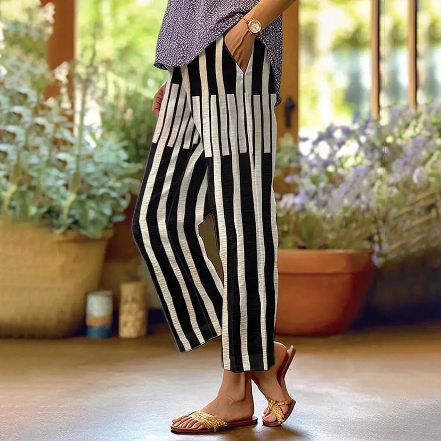 Cotton Linen Capris for Women Elastic High Waist Straight Leg Lounge Pants Casual Slacks Summer Trouser with Pockets