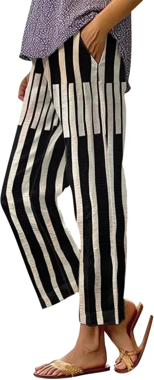 Cotton Linen Capris for Women Elastic High Waist Straight Leg Lounge Pants Casual Slacks Summer Trouser with Pockets