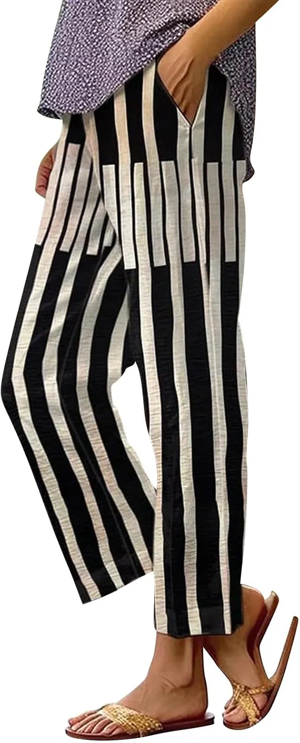 Cotton Linen Capris for Women Elastic High Waist Straight Leg Lounge Pants Casual Slacks Summer Trouser with Pockets