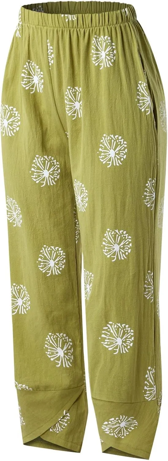 Cotton Linen Casual Summer Capri Pants for Women Cropped Comfy Baggy Trousers Palazzo Lounge Pants, Medium