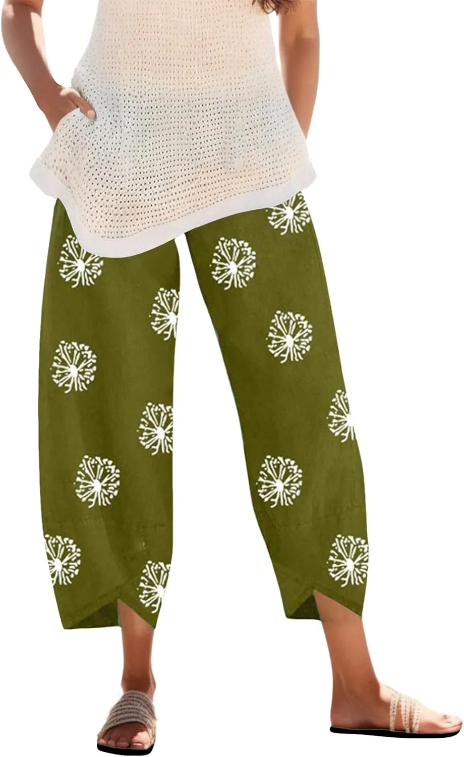 Cotton Linen Casual Summer Capri Pants for Women Cropped Comfy Baggy Trousers Palazzo Lounge Pants, Medium