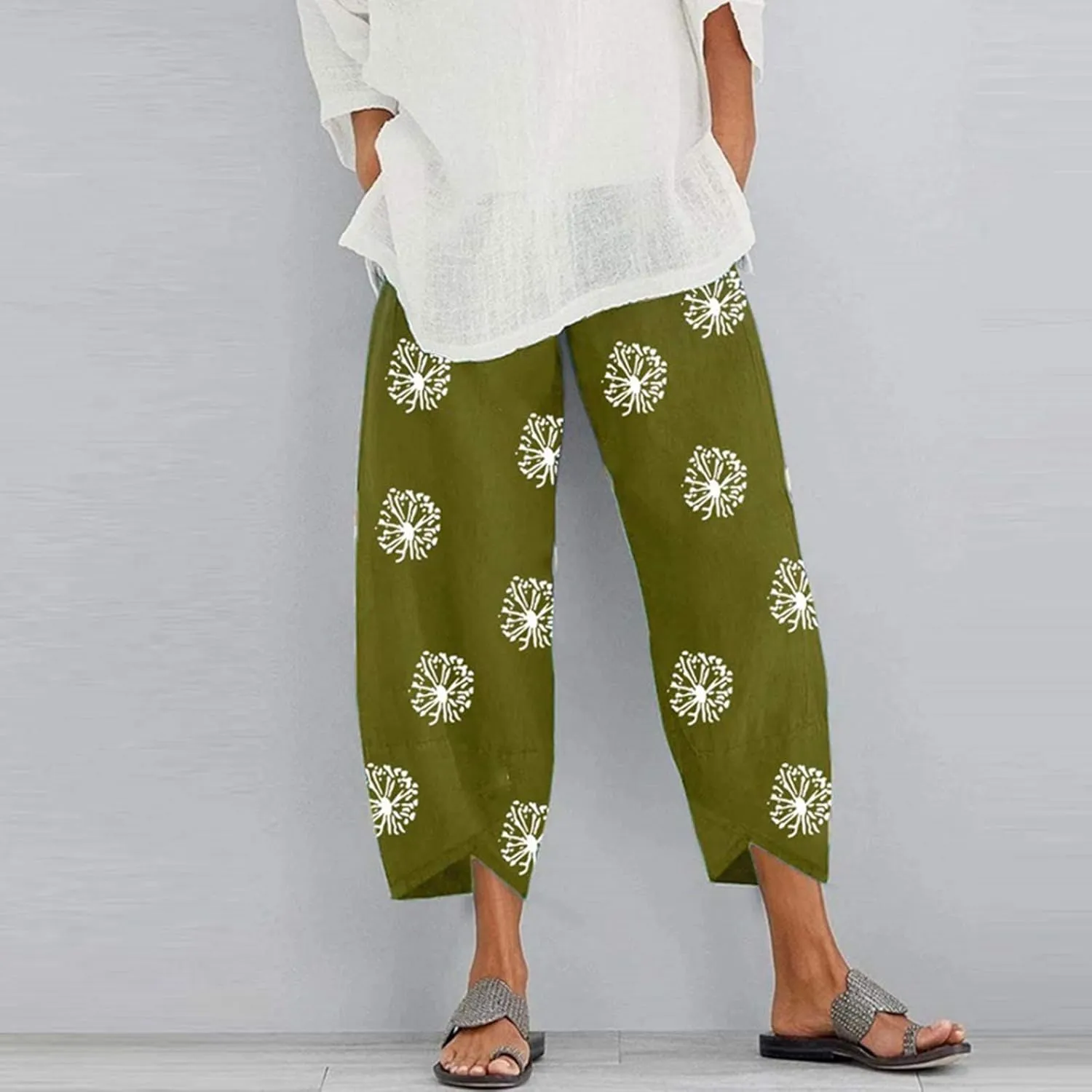 Cotton Linen Casual Summer Capri Pants for Women Cropped Comfy Baggy Trousers Palazzo Lounge Pants, Medium
