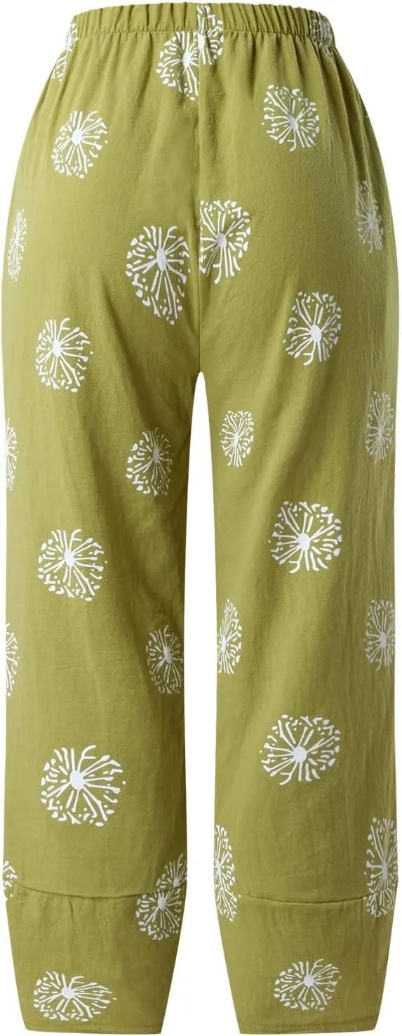 Cotton Linen Casual Summer Capri Pants for Women Cropped Comfy Baggy Trousers Palazzo Lounge Pants, Medium