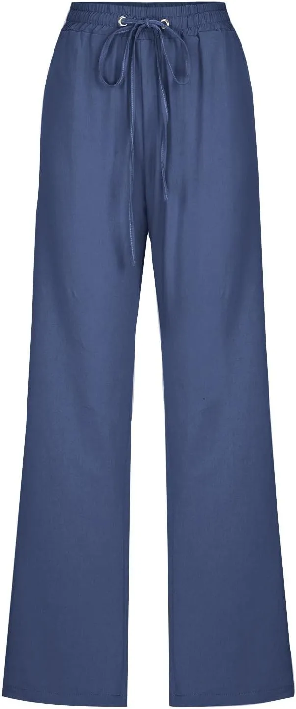 Cotton Linen Pants for Women Casual Straight Leg Pants with Pockets Summer Elastic Waist Trousers Vacation Clothes