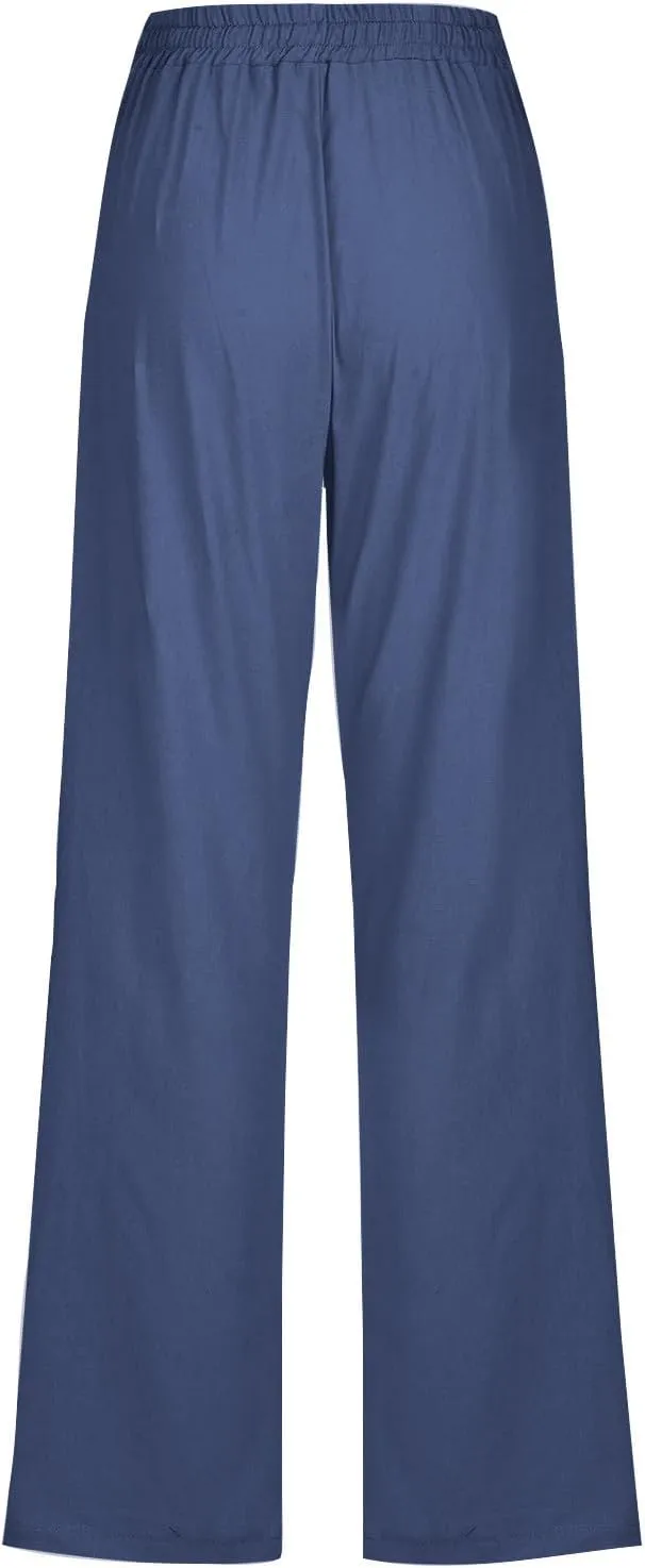 Cotton Linen Pants for Women Casual Straight Leg Pants with Pockets Summer Elastic Waist Trousers Vacation Clothes