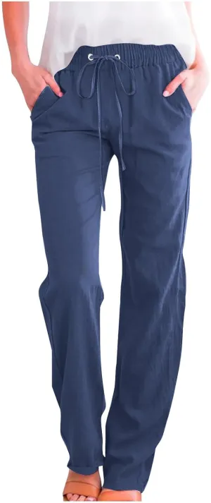 Cotton Linen Pants for Women Casual Straight Leg Pants with Pockets Summer Elastic Waist Trousers Vacation Clothes