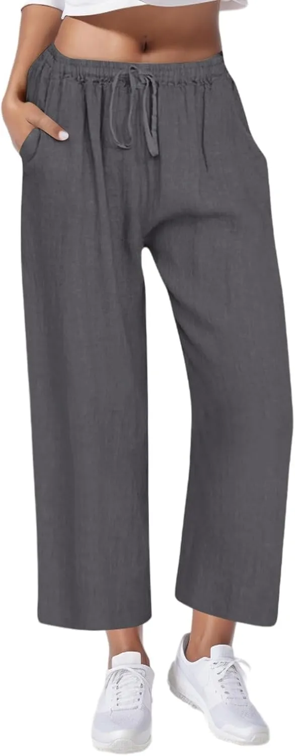 Cotton Linen Pants for Women Drawstring High Elastic Waist Straight Leg Trousers Lightweight Loose Lounge Pants
