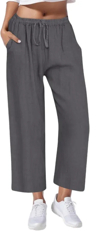 Cotton Linen Pants for Women Drawstring High Elastic Waist Straight Leg Trousers Lightweight Loose Lounge Pants