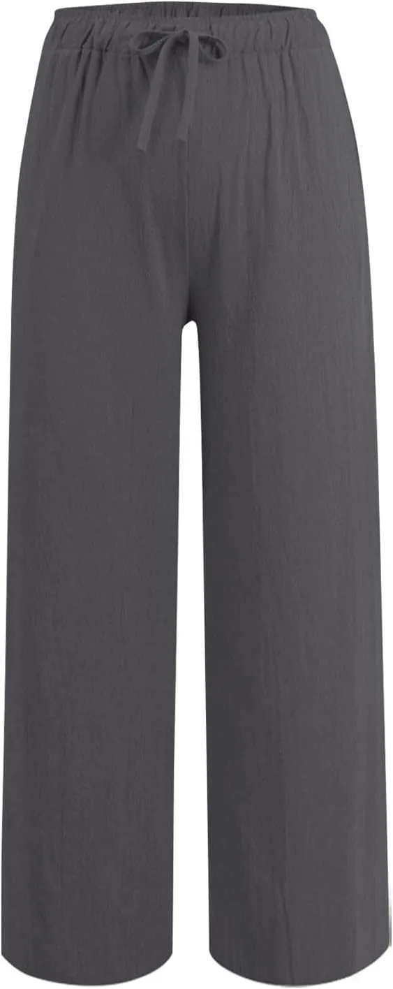 Cotton Linen Pants for Women Drawstring High Elastic Waist Straight Leg Trousers Lightweight Loose Lounge Pants