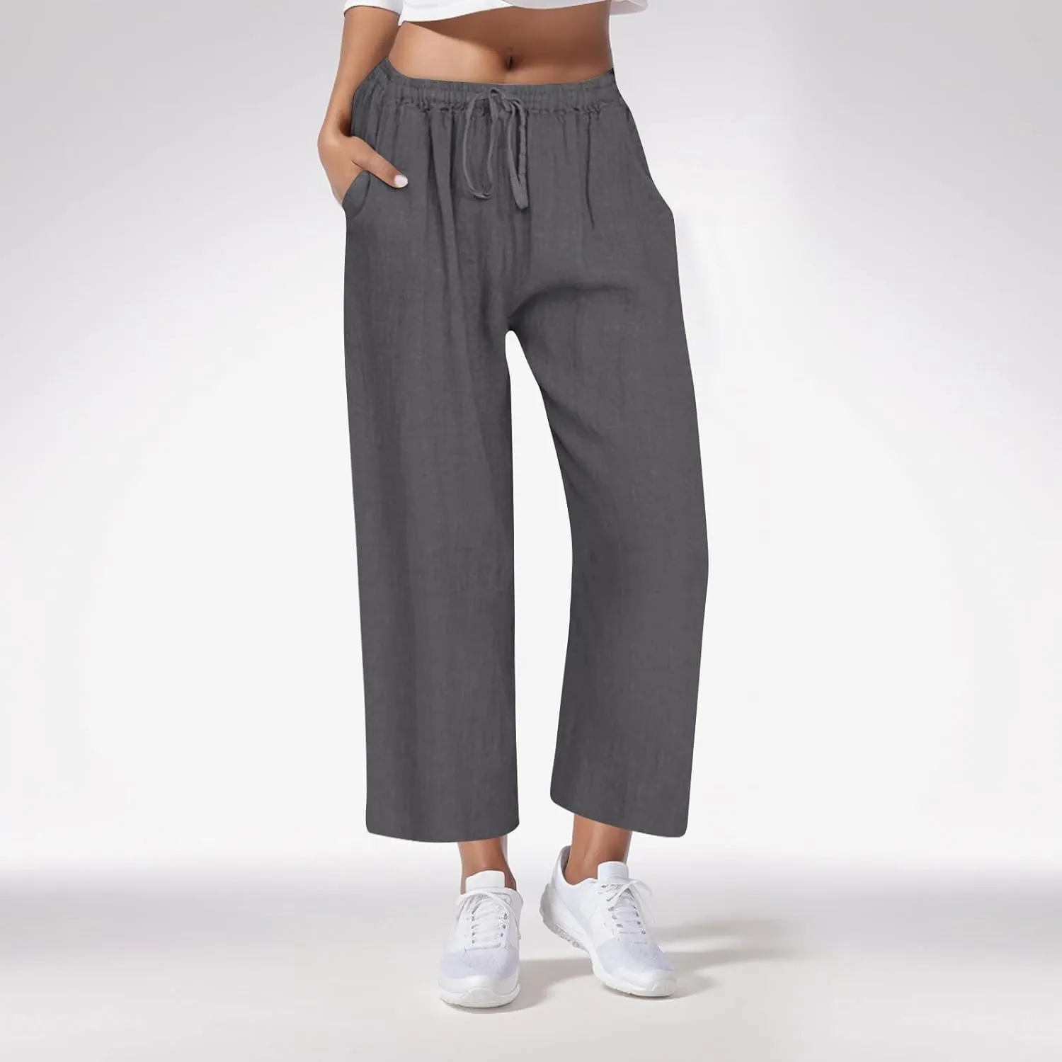 Cotton Linen Pants for Women Drawstring High Elastic Waist Straight Leg Trousers Lightweight Loose Lounge Pants