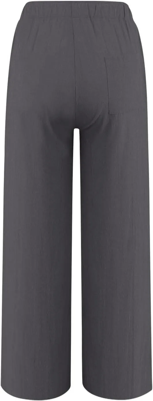 Cotton Linen Pants for Women Drawstring High Elastic Waist Straight Leg Trousers Lightweight Loose Lounge Pants