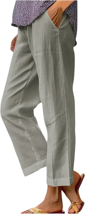 Cotton Linen Pants for Women High Elastic Waist Trousers Summer Lounge Straight Leg Pant Beach Vacation Outfit 2025