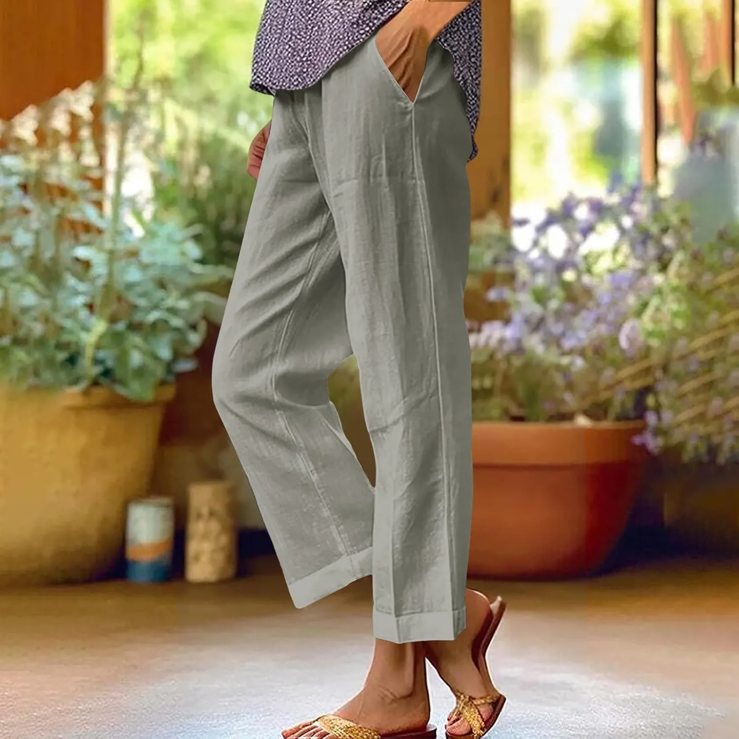 Cotton Linen Pants for Women High Elastic Waist Trousers Summer Lounge Straight Leg Pant Beach Vacation Outfit 2025