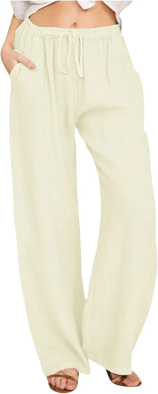 Cotton Linen Pants Women Summer Casual Loose Drawstring Pant Wide Leg High Waist Trousers Lounge Beach Slacks Outfits