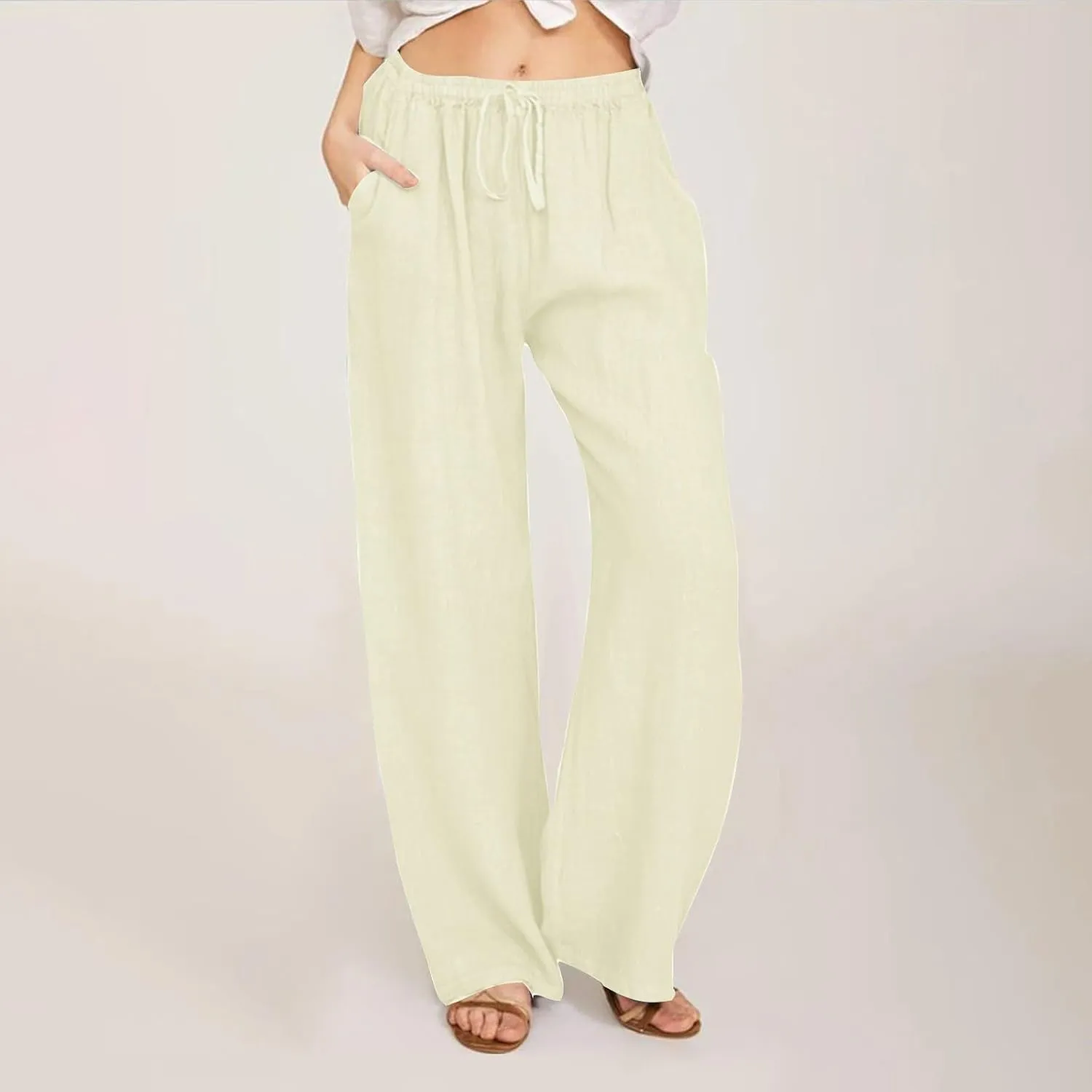 Cotton Linen Pants Women Summer Casual Loose Drawstring Pant Wide Leg High Waist Trousers Lounge Beach Slacks Outfits