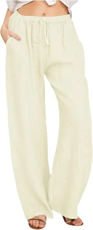 Cotton Linen Pants Women Summer Casual Loose Drawstring Pant Wide Leg High Waist Trousers Lounge Beach Slacks Outfits