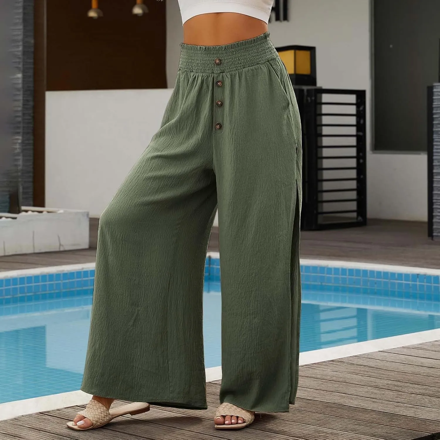 Cotton Linen Pants Women Summer Casual Loose Side Slit Wide Leg Pants Button Boho Flowy Paperbag Pants with Pockets