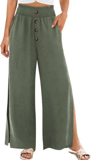 Cotton Linen Pants Women Summer Casual Loose Side Slit Wide Leg Pants Button Boho Flowy Paperbag Pants with Pockets