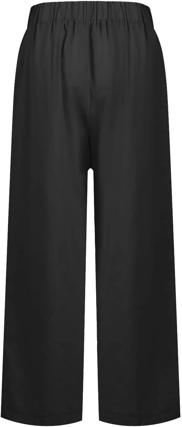 Cotton Linen Pants Women Summer Elastic Waist Straight Leg Plus Size Cropped Pants Casual Beach Trousers with Pockets