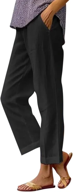 Cotton Linen Pants Women Summer Elastic Waist Straight Leg Plus Size Cropped Pants Casual Beach Trousers with Pockets