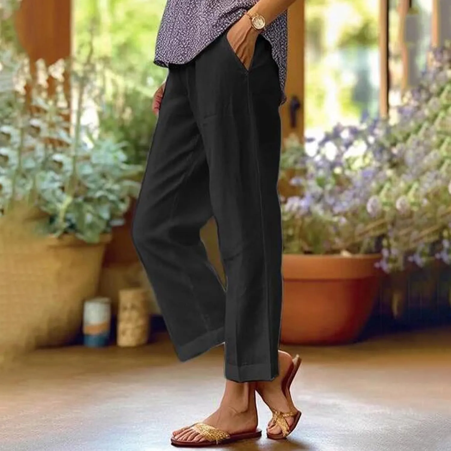Cotton Linen Pants Women Summer Elastic Waist Straight Leg Plus Size Cropped Pants Casual Beach Trousers with Pockets