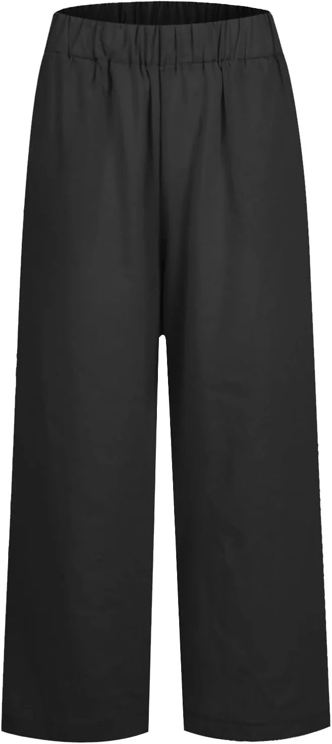 Cotton Linen Pants Women Summer Elastic Waist Straight Leg Plus Size Cropped Pants Casual Beach Trousers with Pockets