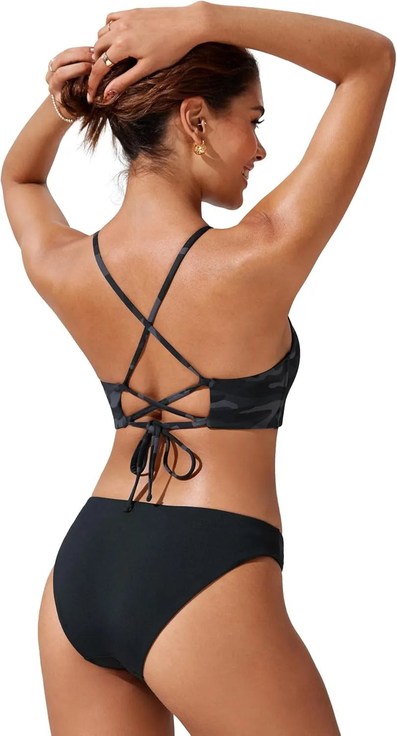 CRZ YOGA Womens Bikini Tops High Neck Crisscross Back Bathing Suit Swim Bra Padded