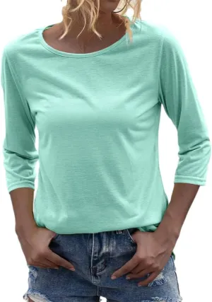 Danedvi Women Fashion O-Neck 3/4 Sleeve T Shirt Solid Casual Basic Tops