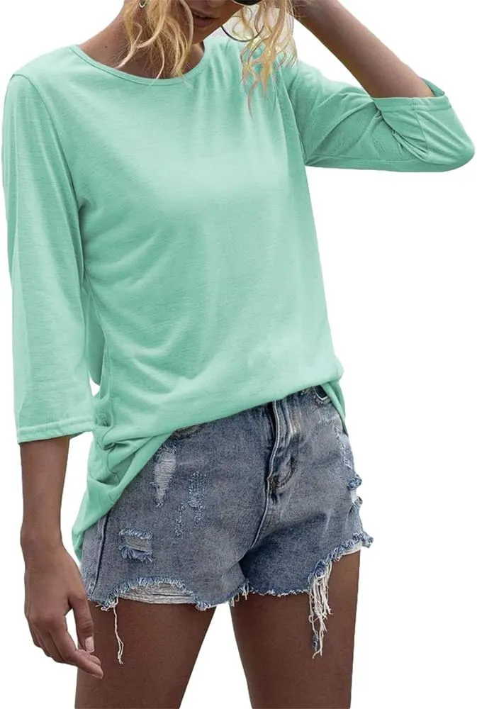 Danedvi Women Fashion O-Neck 3/4 Sleeve T Shirt Solid Casual Basic Tops