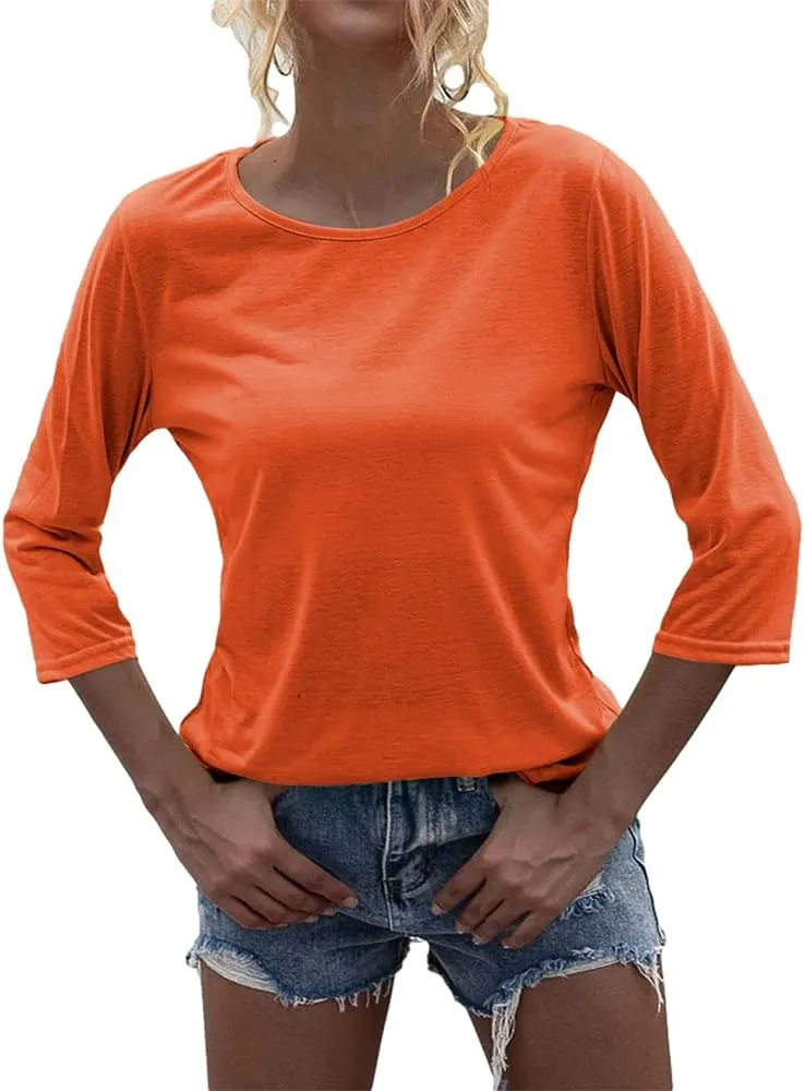 Danedvi Women Fashion O-Neck 3/4 Sleeve T Shirt Solid Casual Basic Tops