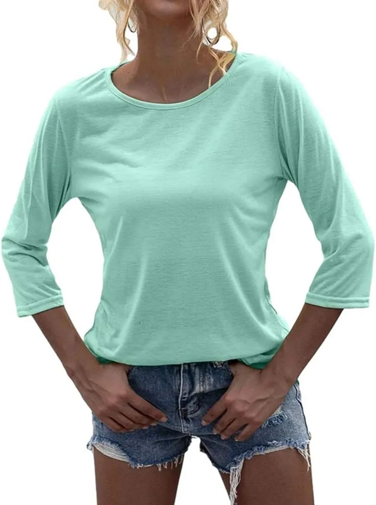 Danedvi Women Fashion O-Neck 3/4 Sleeve T Shirt Solid Casual Basic Tops