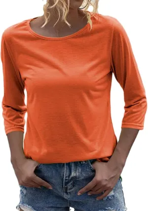 Danedvi Women Fashion O-Neck 3/4 Sleeve T Shirt Solid Casual Basic Tops