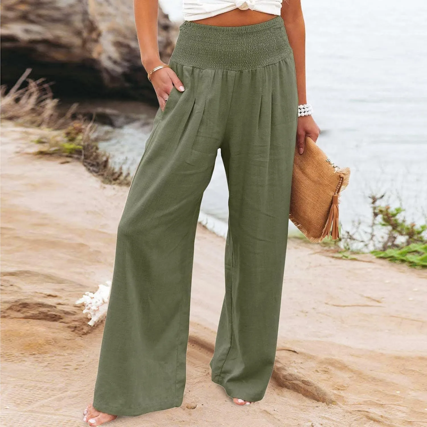 DDAPJ pyju Women Linen Palazzo Pants 2025 Summer High Waisted Wide Leg Lounge Pant Pleated Beach Travel Trousers with Pockets