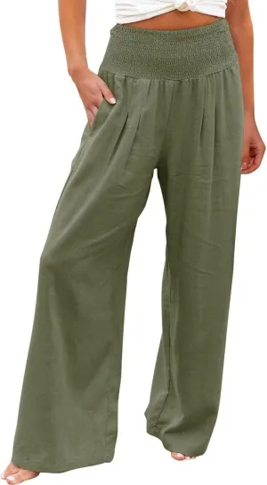 DDAPJ pyju Women Linen Palazzo Pants 2025 Summer High Waisted Wide Leg Lounge Pant Pleated Beach Travel Trousers with Pockets