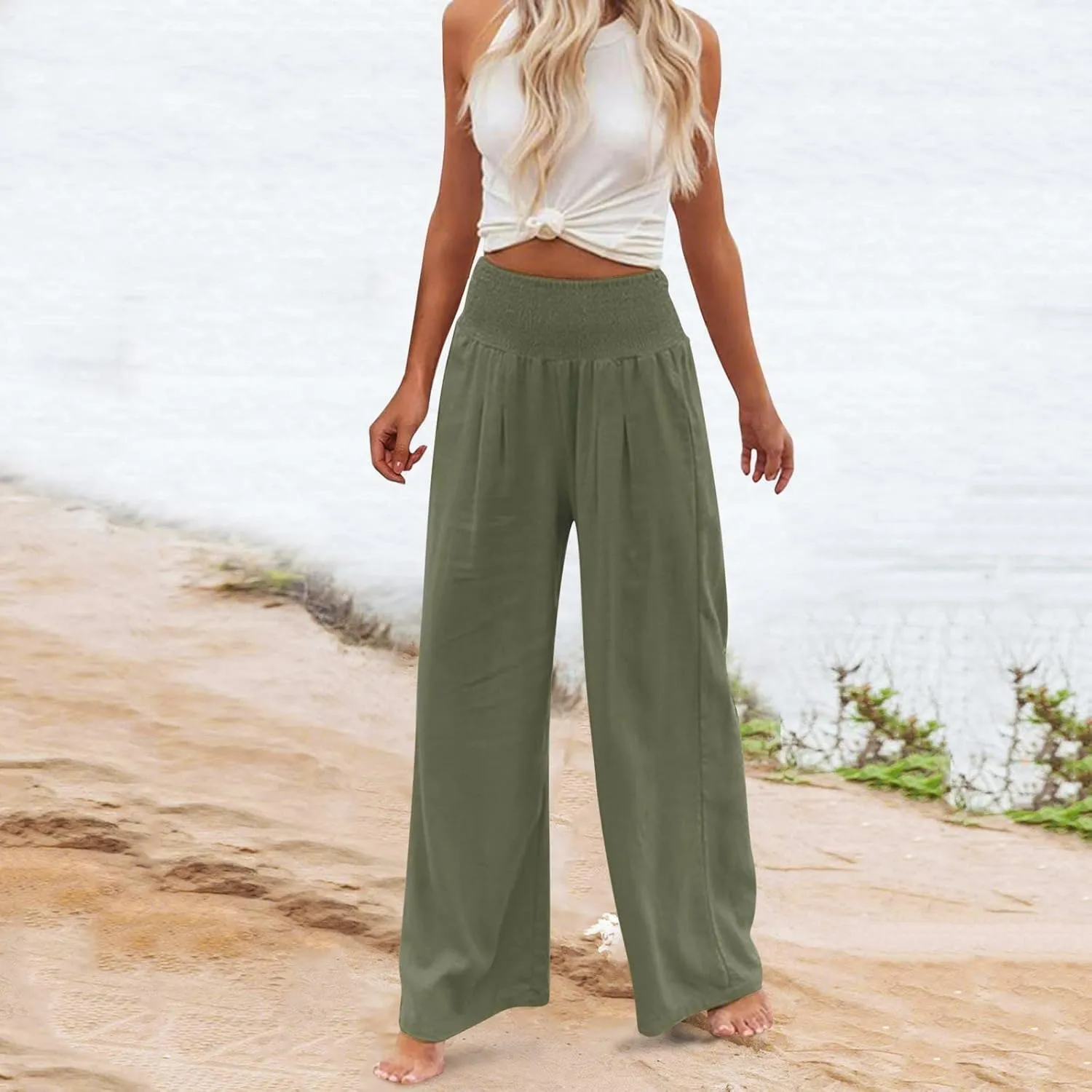 DDAPJ pyju Women Linen Palazzo Pants 2025 Summer High Waisted Wide Leg Lounge Pant Pleated Beach Travel Trousers with Pockets