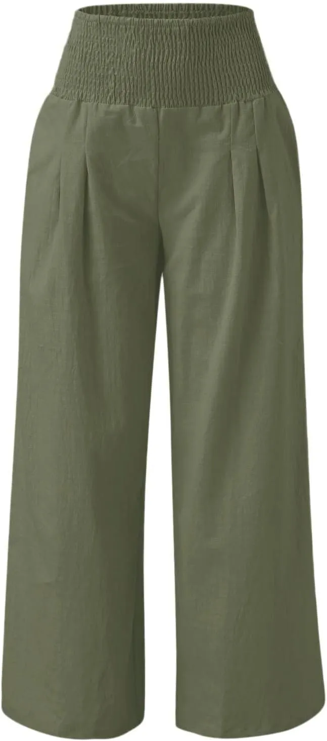 DDAPJ pyju Women Linen Palazzo Pants 2025 Summer High Waisted Wide Leg Lounge Pant Pleated Beach Travel Trousers with Pockets