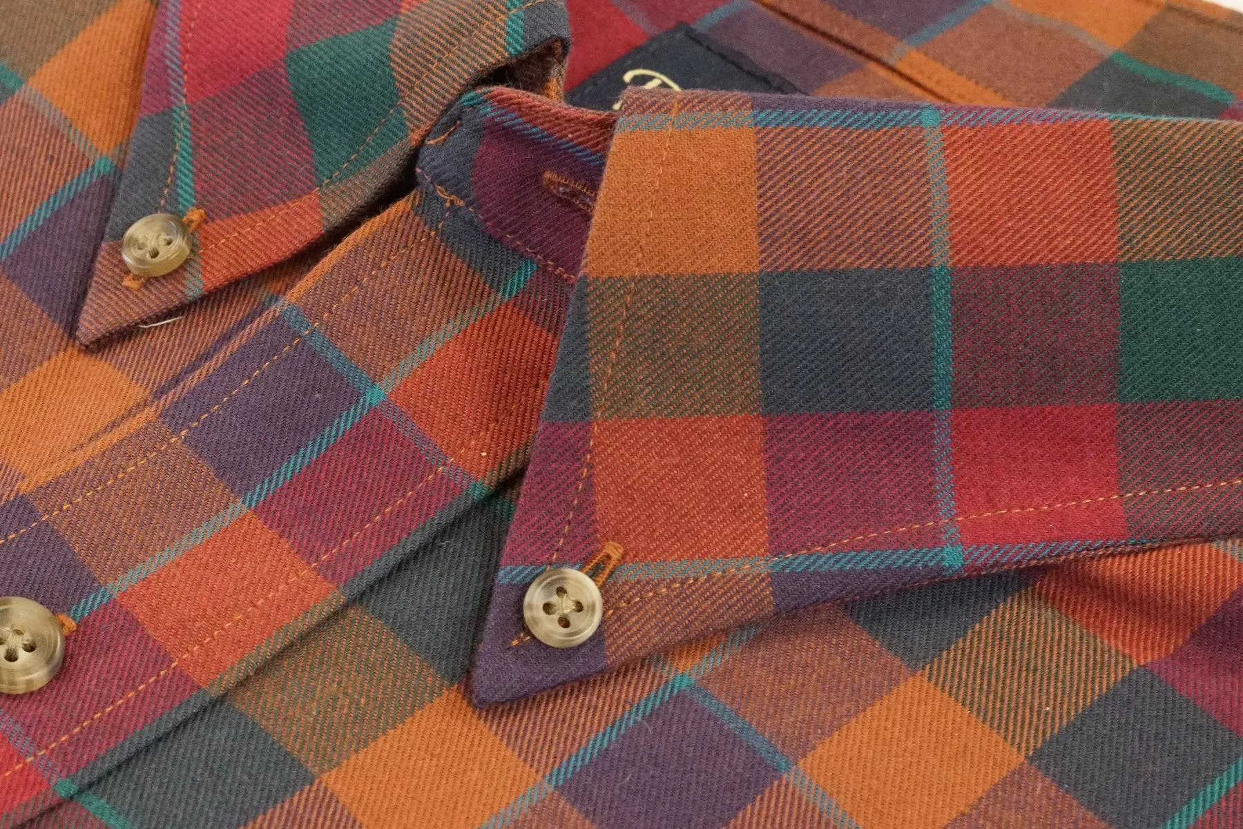 Deep Red Blue and Green Plaid Button Down in Cotton & Wool by Rainwater's