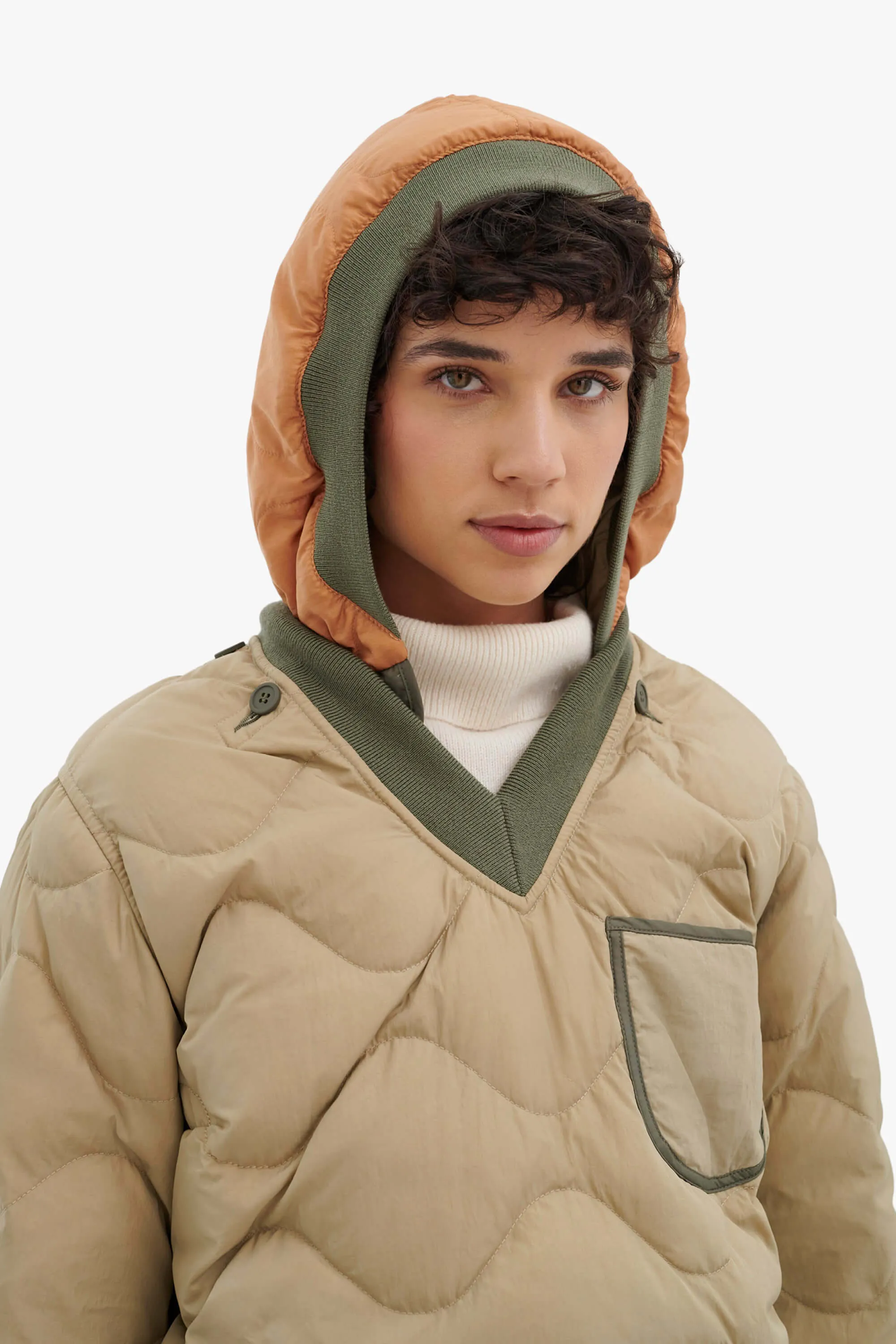 Down Close Fit Hood - Sand / Burnt Orange