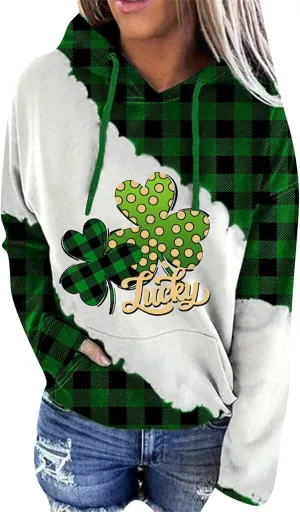 EFOFEI Womens St. Patrick's Day Sweatshirt Irish Shamrock Printed Green Hoodie Long Sleeve Sweatshirt Tops