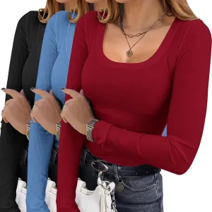 Ekouaer Womens 3 Pack Long Sleeve Shirts Square Neck Basic Ribbed Tops Tee Thermal Undershirts XS-XXL