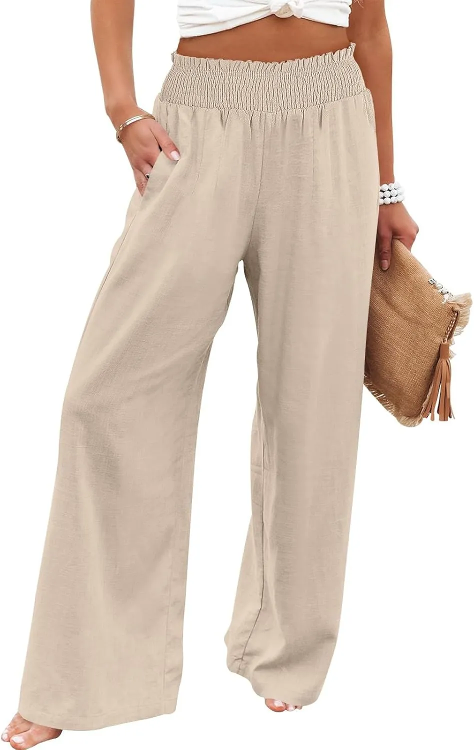 Elastic Waist Wide Leg Linen Pants for Women Pleated Pull On Slacks Dressy Casual Loose Comfy Work Trousers w/Pockets