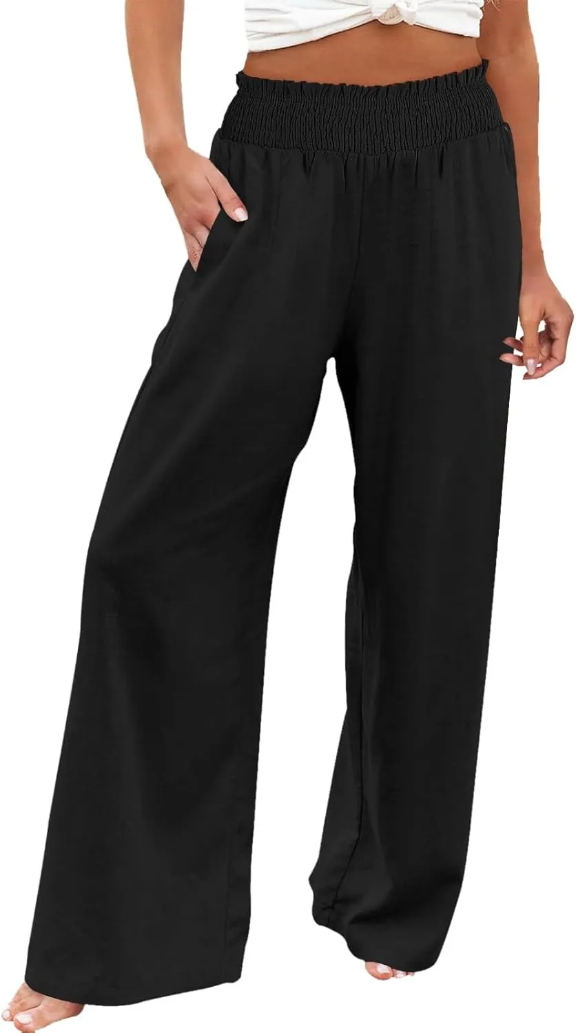 Elastic Waist Wide Leg Linen Pants for Women Pleated Pull On Slacks Dressy Casual Loose Comfy Work Trousers w/Pockets