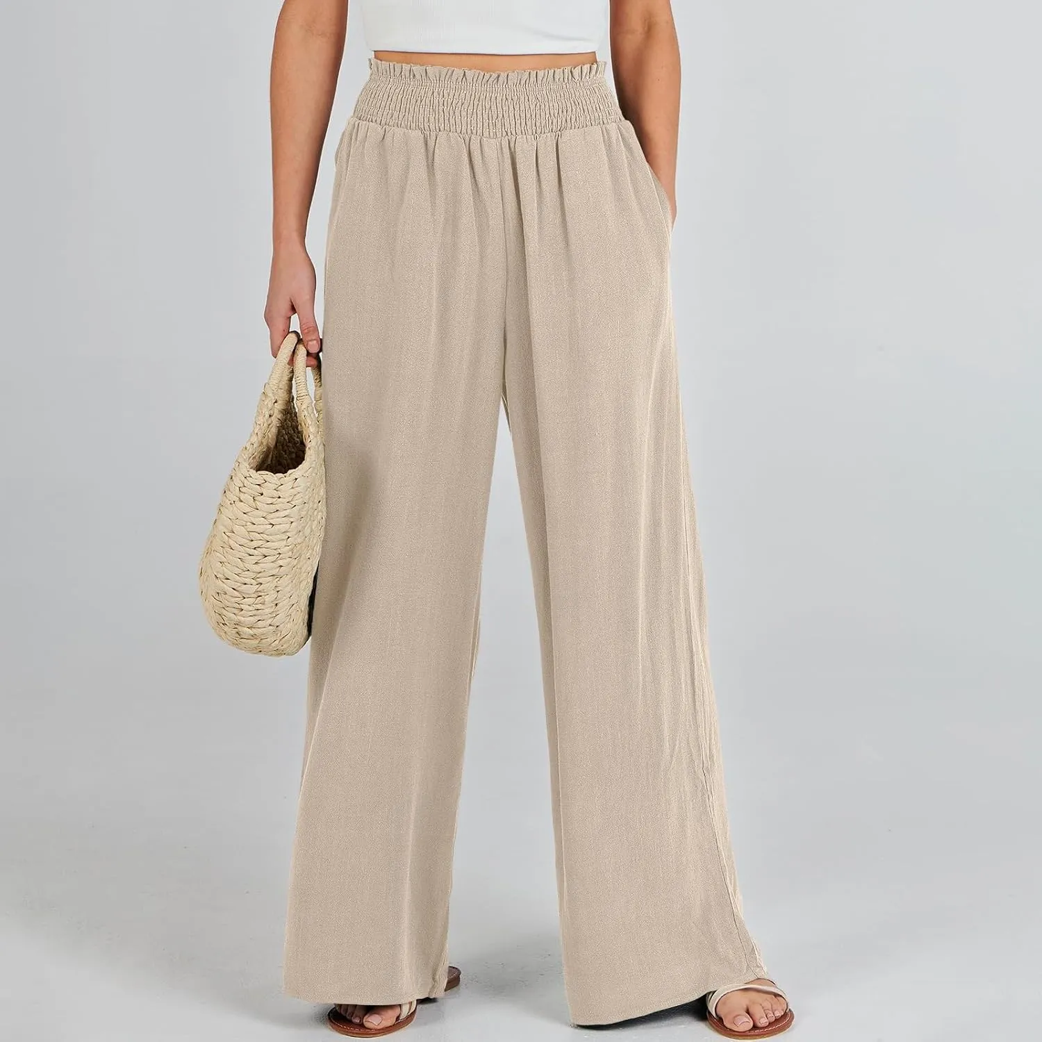 Elastic Waist Wide Leg Linen Pants for Women Pleated Pull On Slacks Dressy Casual Loose Comfy Work Trousers w/Pockets