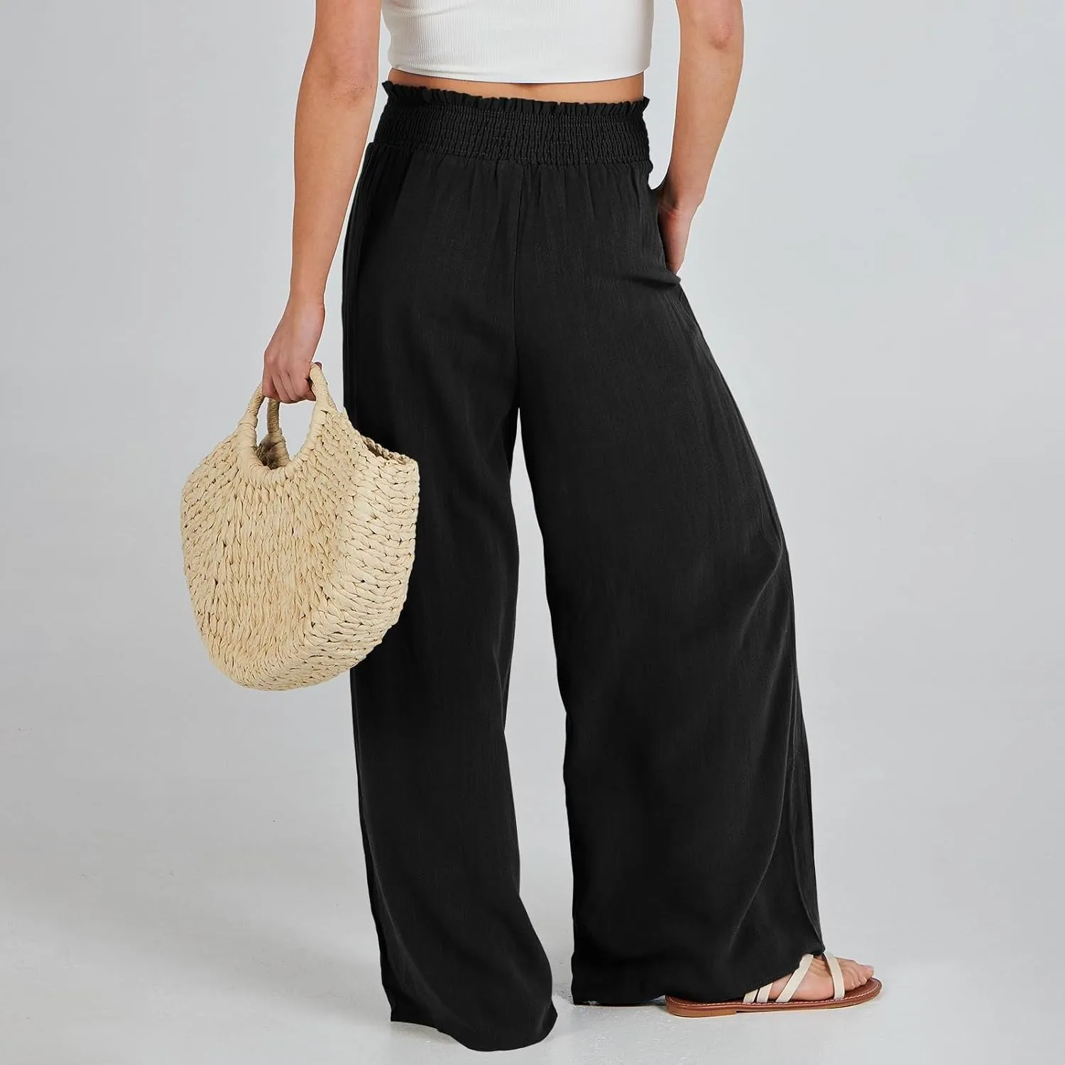 Elastic Waist Wide Leg Linen Pants for Women Pleated Pull On Slacks Dressy Casual Loose Comfy Work Trousers w/Pockets