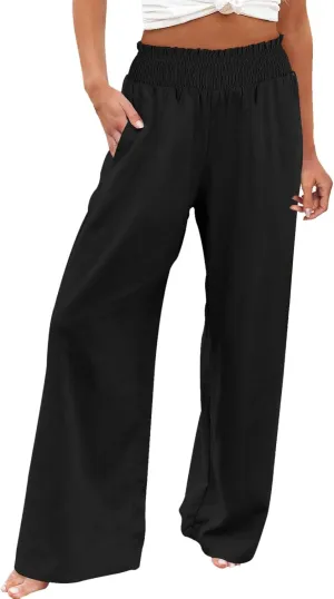 Elastic Waist Wide Leg Linen Pants for Women Pleated Pull On Slacks Dressy Casual Loose Comfy Work Trousers w/Pockets