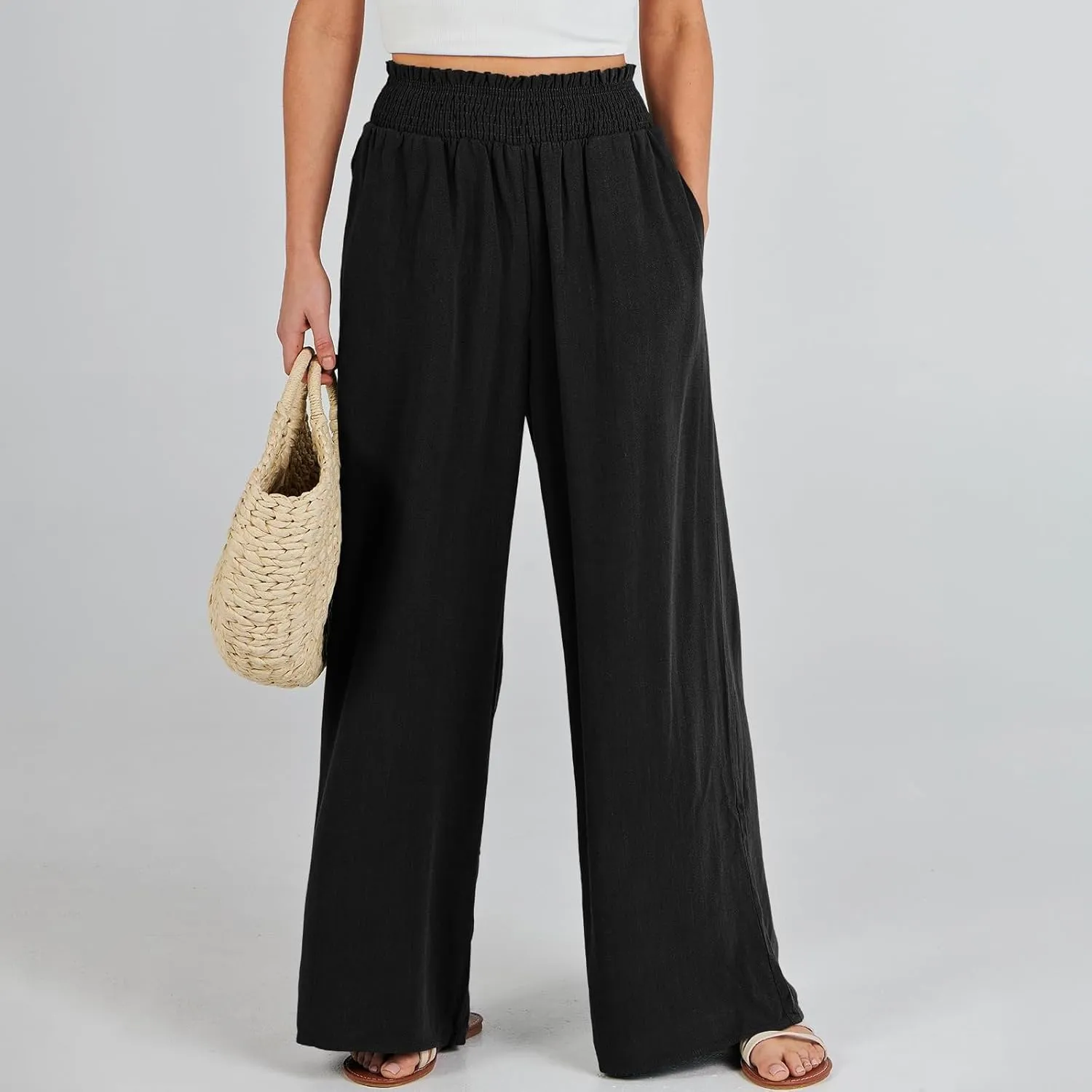 Elastic Waist Wide Leg Linen Pants for Women Pleated Pull On Slacks Dressy Casual Loose Comfy Work Trousers w/Pockets