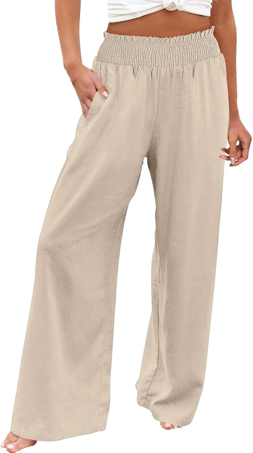 Elastic Waist Wide Leg Linen Pants for Women Pleated Pull On Slacks Dressy Casual Loose Comfy Work Trousers w/Pockets