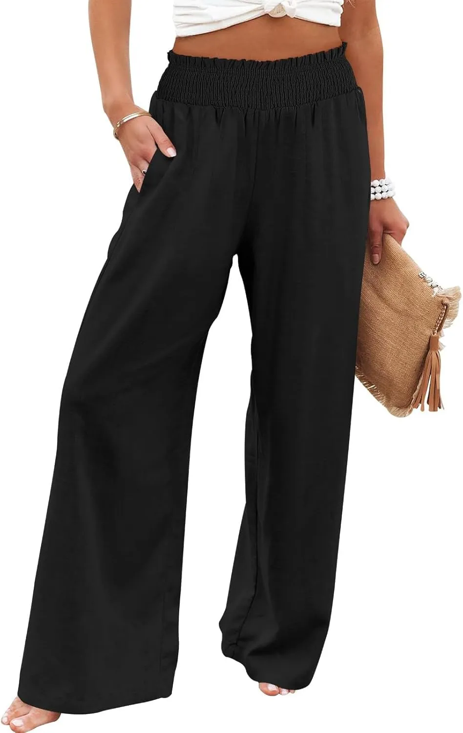 Elastic Waist Wide Leg Linen Pants for Women Pleated Pull On Slacks Dressy Casual Loose Comfy Work Trousers w/Pockets
