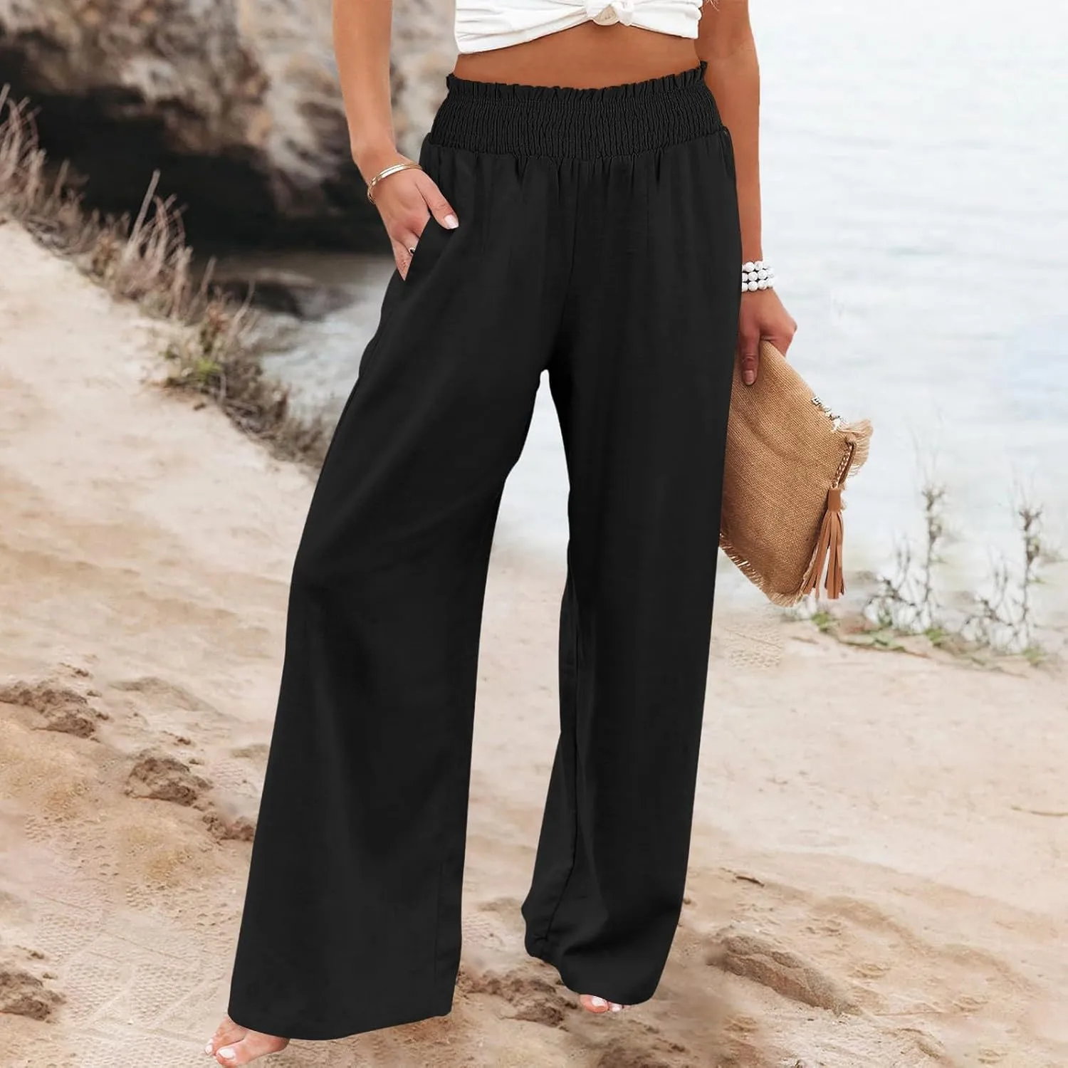Elastic Waist Wide Leg Linen Pants for Women Pleated Pull On Slacks Dressy Casual Loose Comfy Work Trousers w/Pockets